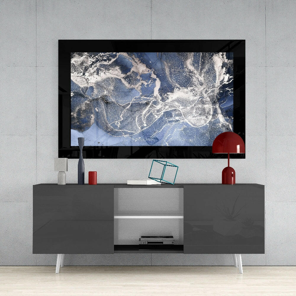 Blue Quartz glass wall art styled above a console in a meditation room