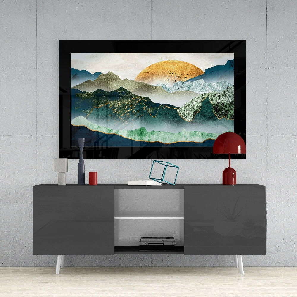 Emerald Valley glass wall art styled above a console in a reading nook