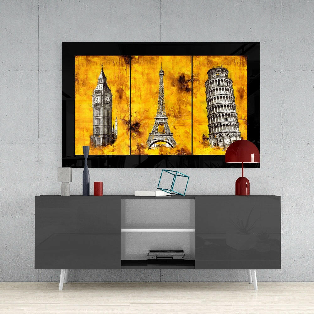 City Landmarks glass wall art styled above a console in a reading nook