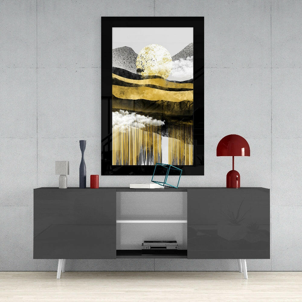 Golden Valley glass wall art styled above a console in a meditation room