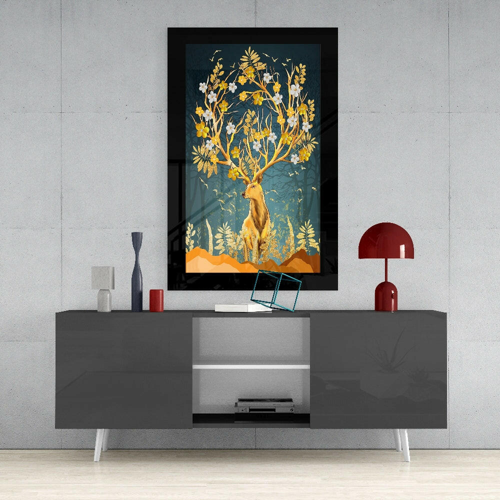 Golden Deer glass wall art styled above a console in a foyer