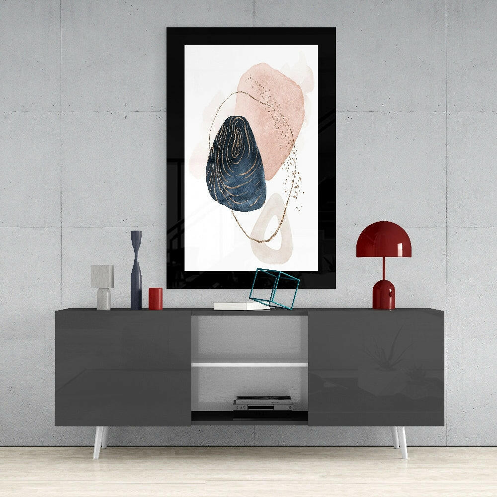 Abstract Modernity glass wall art styled above a console in a home office