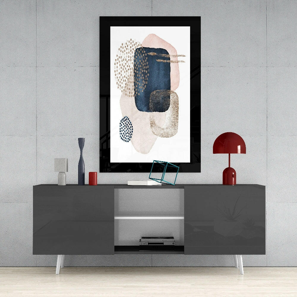 Abstract Modernity glass wall art styled above a console in a reading nook