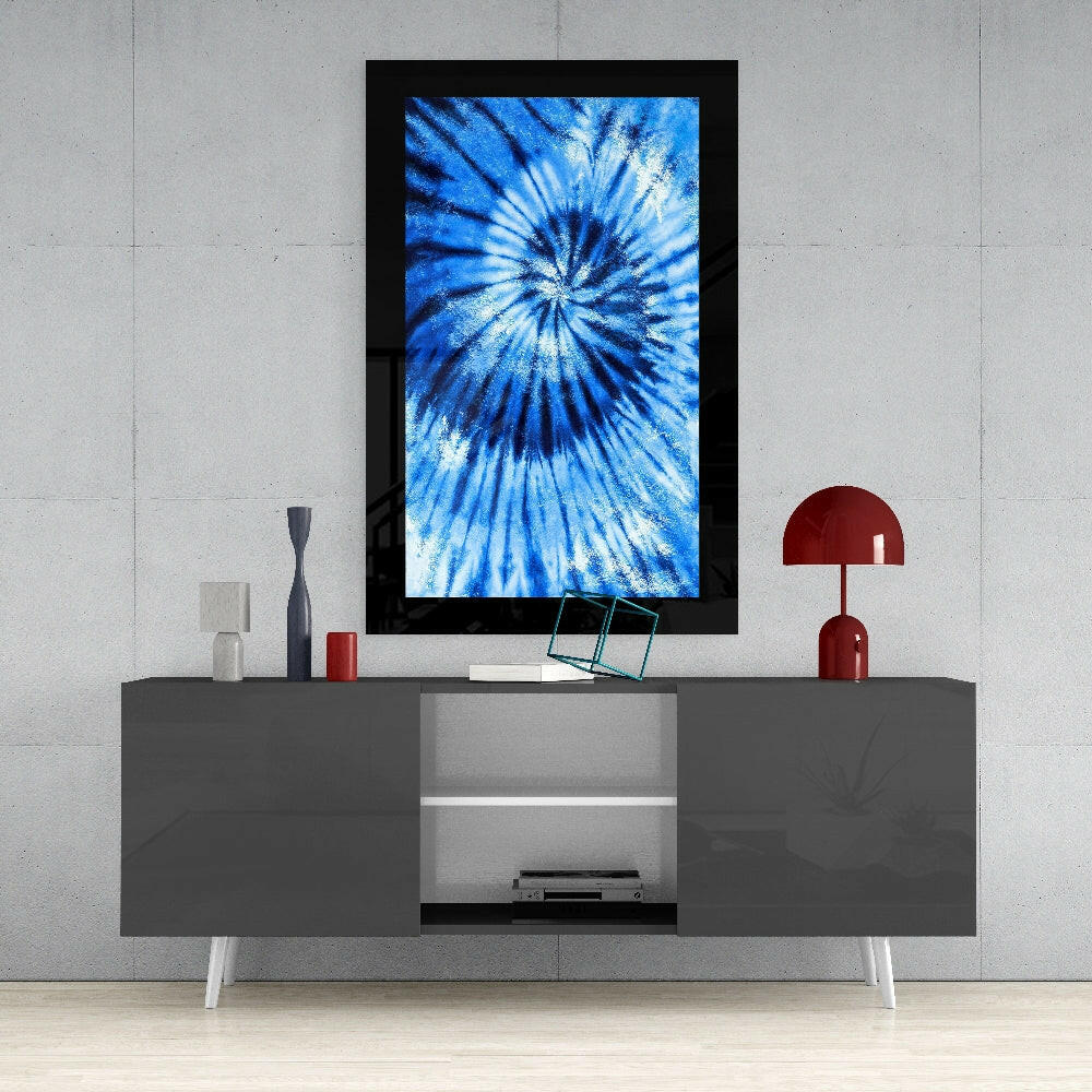 Blue Tie Dye glass wall art styled above a console in a music room