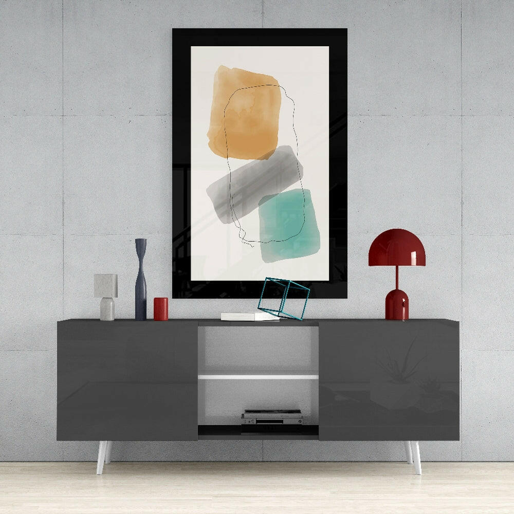 Cubic Art glass wall art styled above a console in a home office