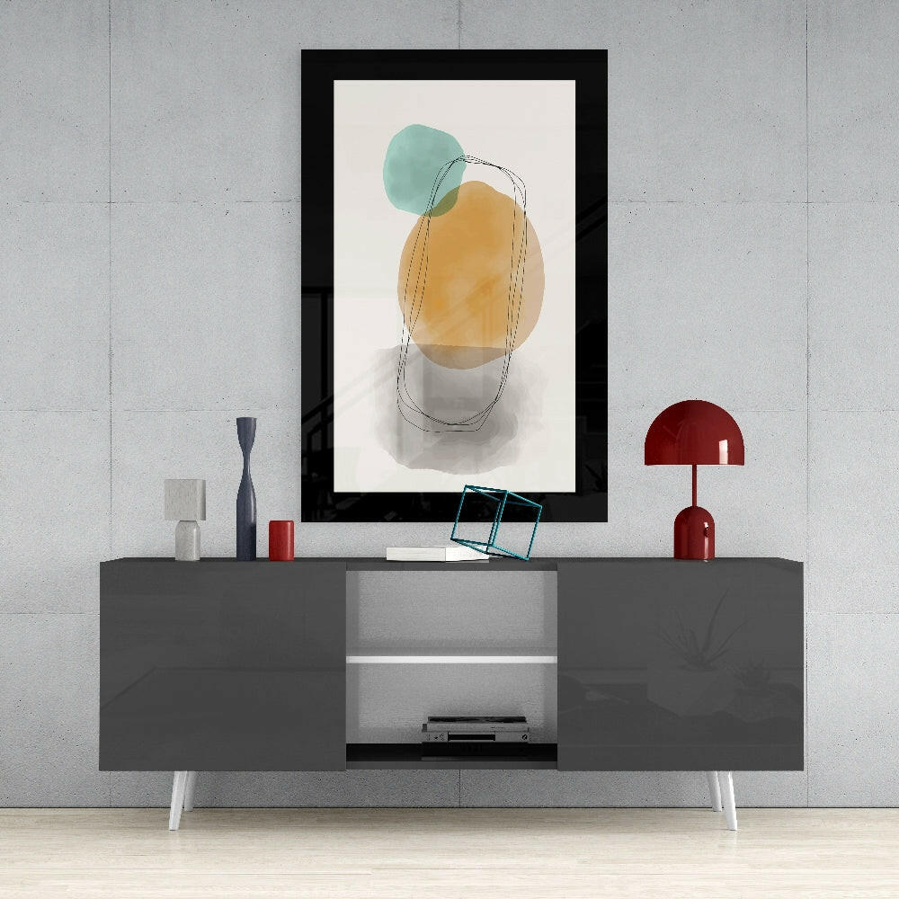 Abstract Art glass wall art styled above a console in a home office