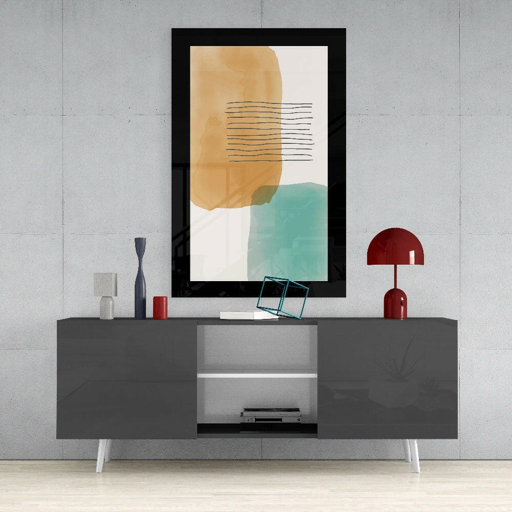 Cubic Art glass wall art styled above a console in a home office