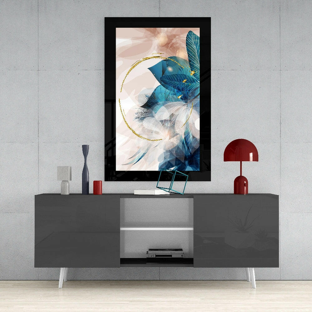 Abstract Leaf glass wall art styled above a vanity in a powder room