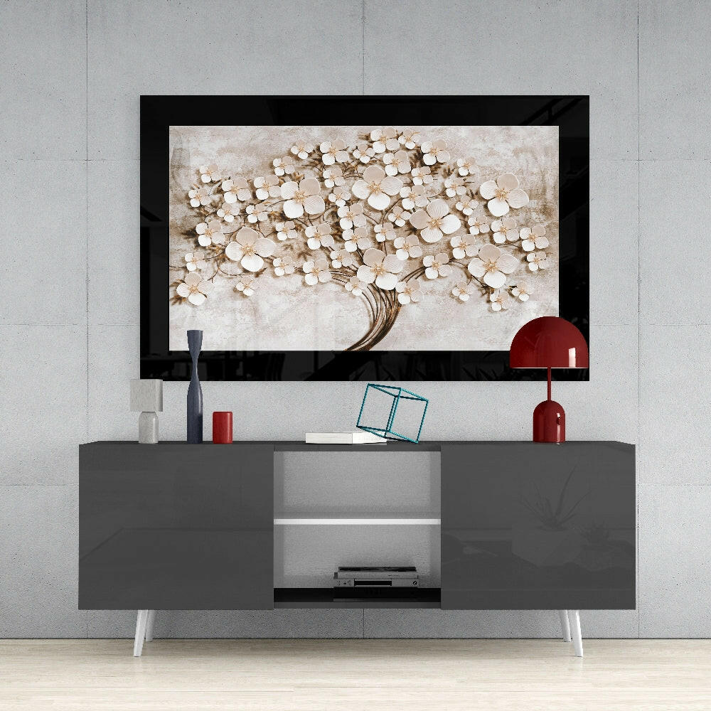 Tree of Life glass wall art styled above a console in a foyer