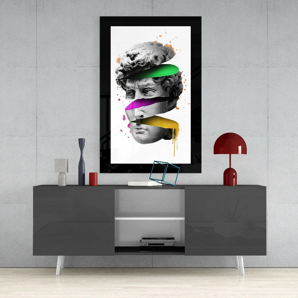 Modernity in Sculpture glass wall art styled above a console in a music room