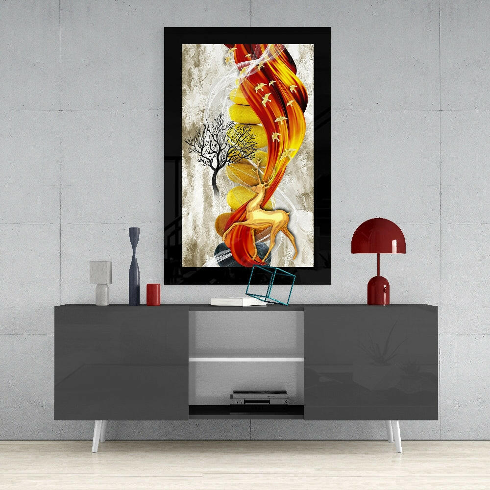 Red Gold Deer glass wall art styled above a console in a dining room