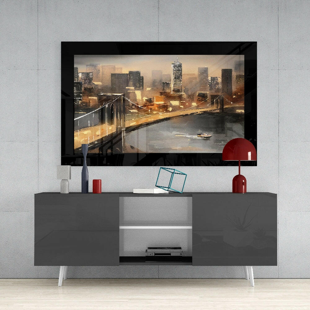 Brooklyn Bridge glass wall art styled above a console in a reading nook