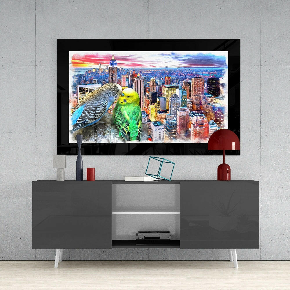 Budgies glass wall art styled above a console in a child's room