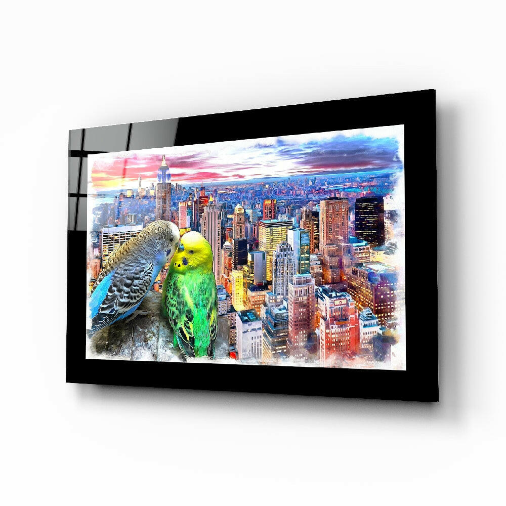 Budgies glass wall art displayed above a sideboard in a study