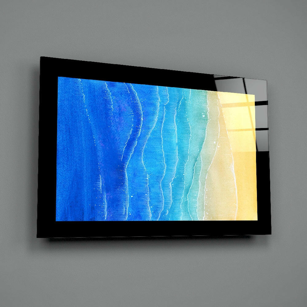 Fluid-watercolor panel bringing coastal calm to a bathroom