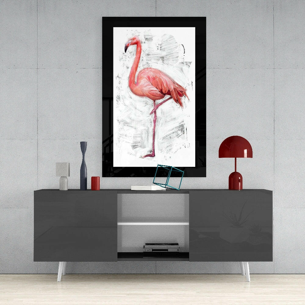Lonely Flamingo glass wall art styled above a console in a reading nook