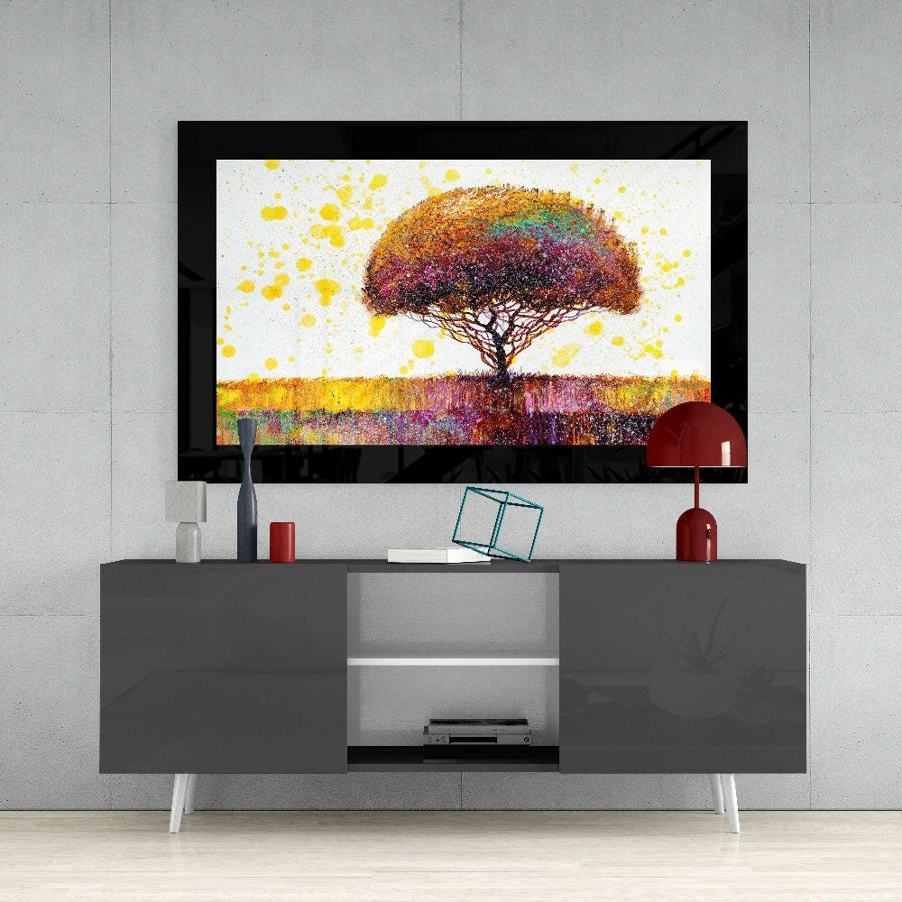 Colorful Dream Tree glass wall art styled above a sideboard in a reading nook