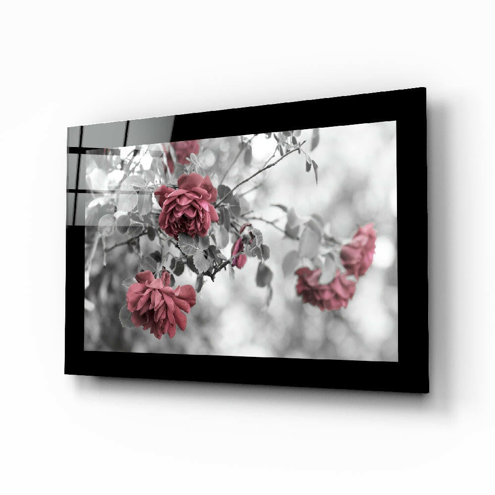 Rosewood glass wall art displayed above a bed in a bedroom