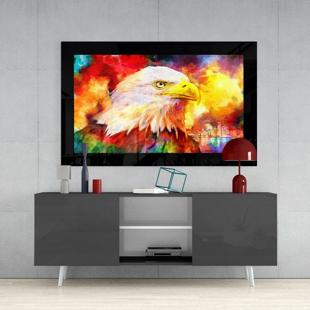 Eagle glass wall art styled above a console in a foyer