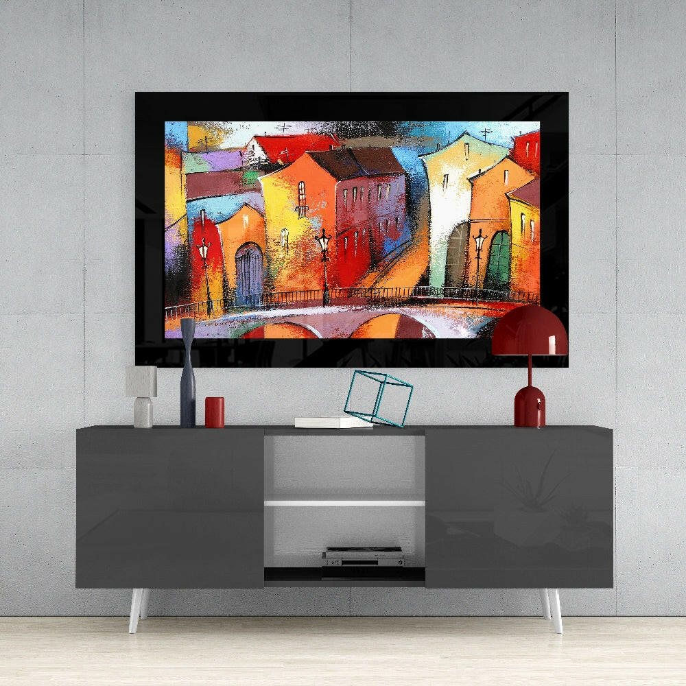 City Landscape glass wall art styled above a console in a reading nook