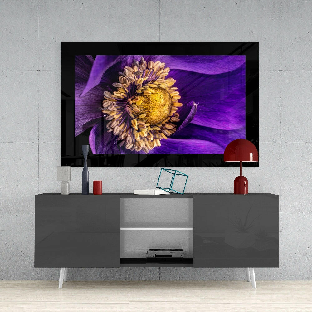 Passionflower Flower glass wall art styled above a console in a reading nook
