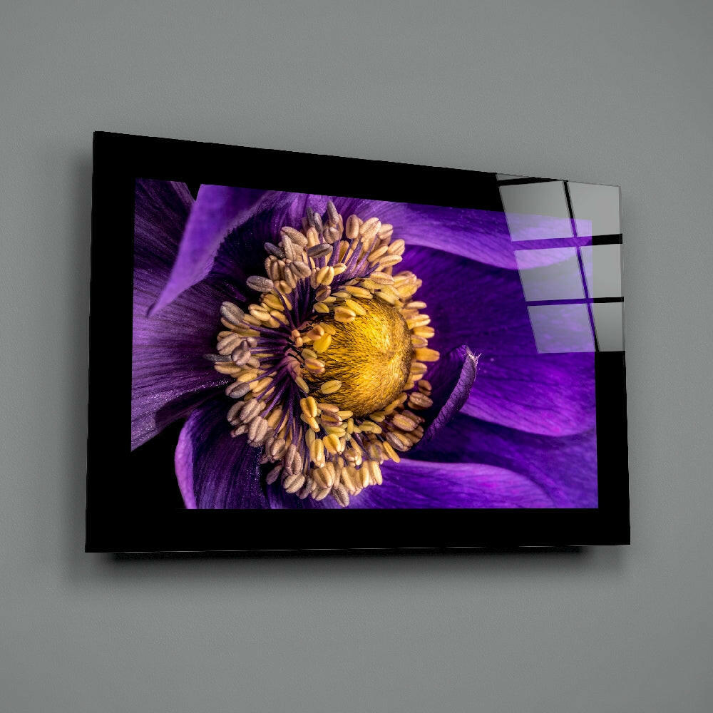 Editorial-photo panel bringing violet warmth to a powder room
