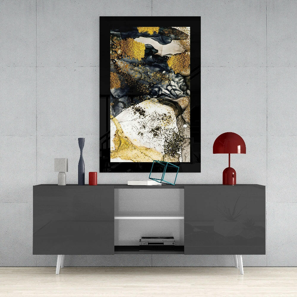 Gold Powder Graphite glass wall art styled above a console in a bedroom