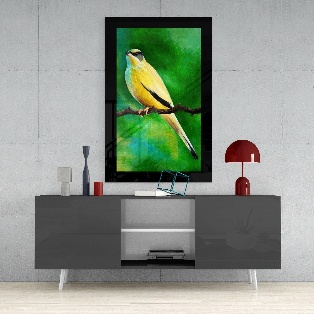 Bird on Branch glass wall art styled above a console in a sunroom