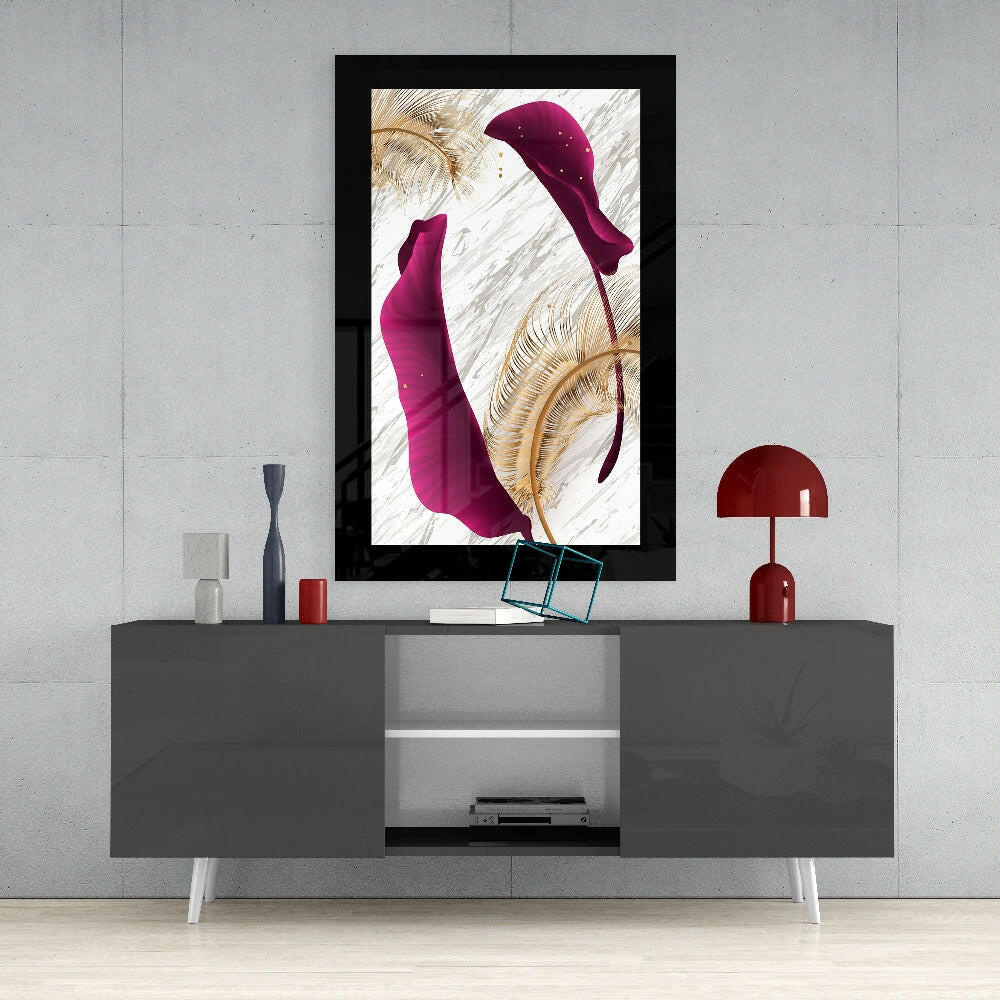 Harmonious Purple Leaf glass wall art styled above a console in a foyer