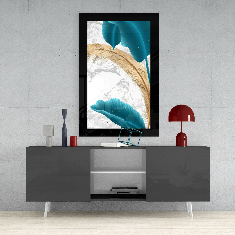 Turquoise Gold Leaf glass wall art styled above a console in a foyer