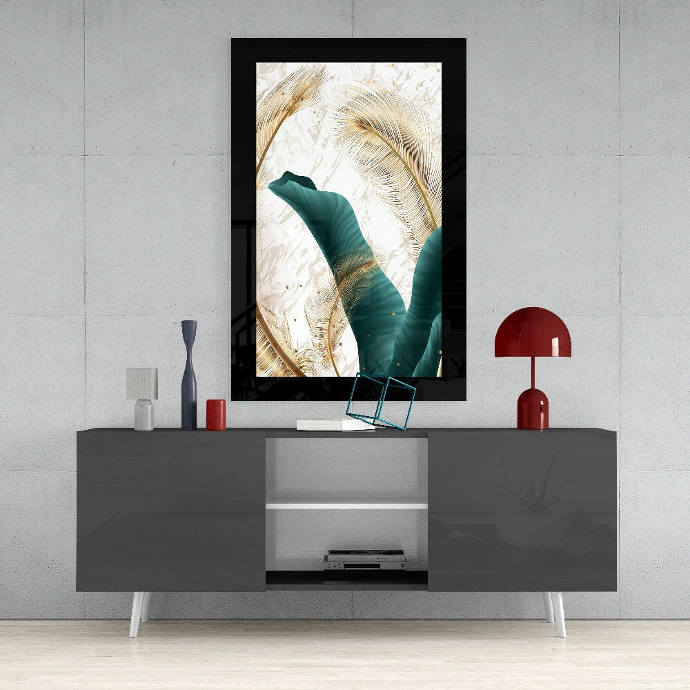 Emerald Leaf glass wall art styled above a console in a foyer