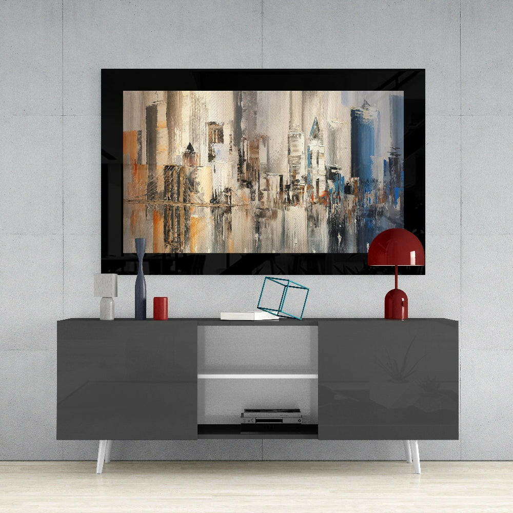 New York glass wall art styled above a console in a reading nook