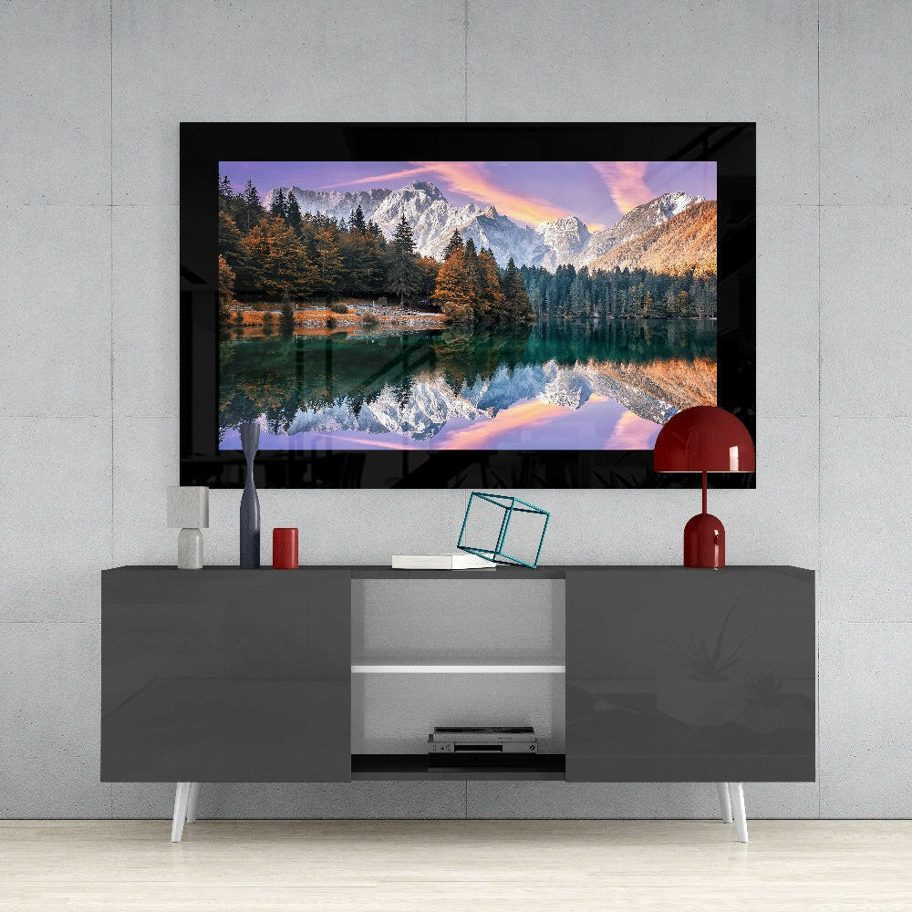 Glacier Lake glass wall art styled above a console in a study