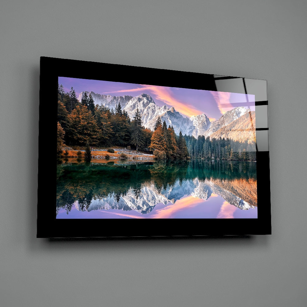 Editorial-photo panel bringing alpine calm to a meditation room