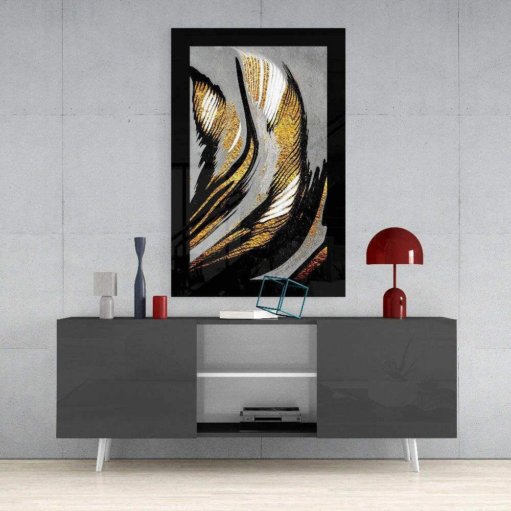 Gold Dust glass wall art styled above a console in a bedroom