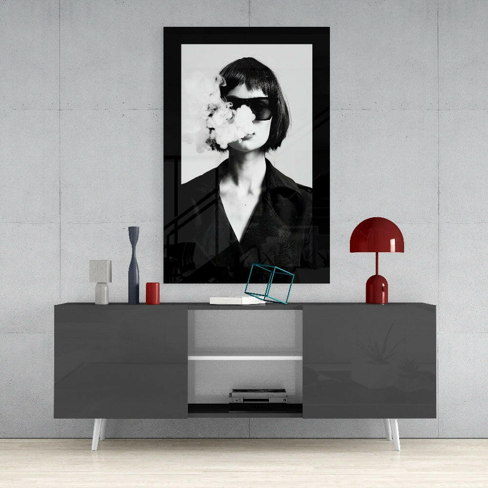 Smoke and Woman glass wall art styled above a console in a music room