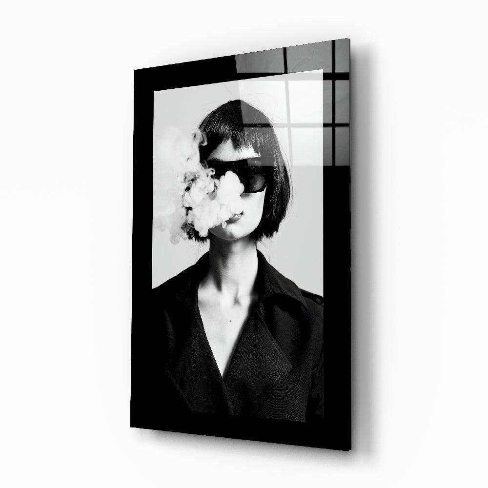 Smoke and Woman glass wall art displayed above a vanity in a dressing room