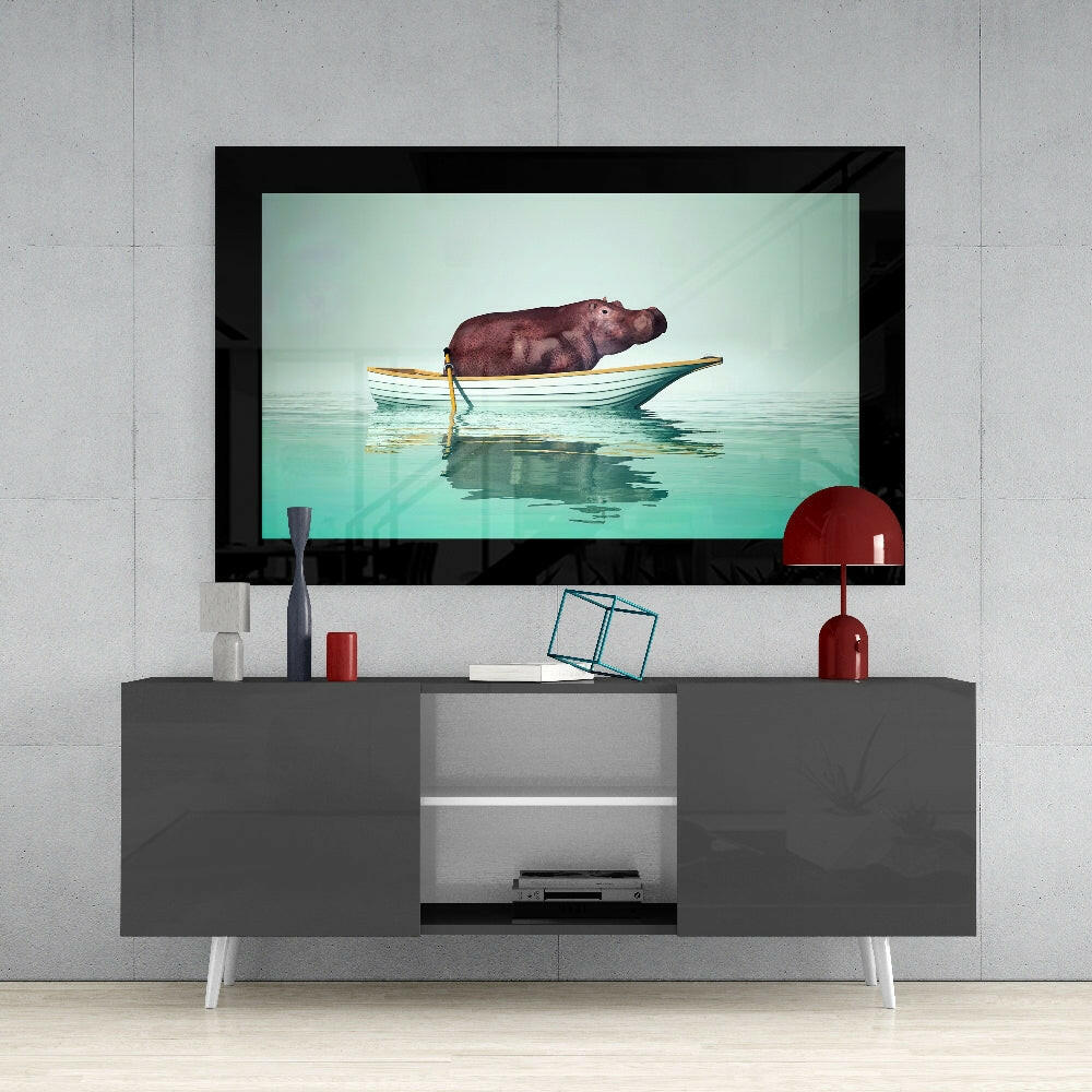 Hippo glass wall art styled above a sideboard in a reading nook