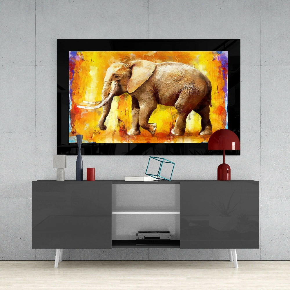 Elephant glass wall art styled above a console in a man cave