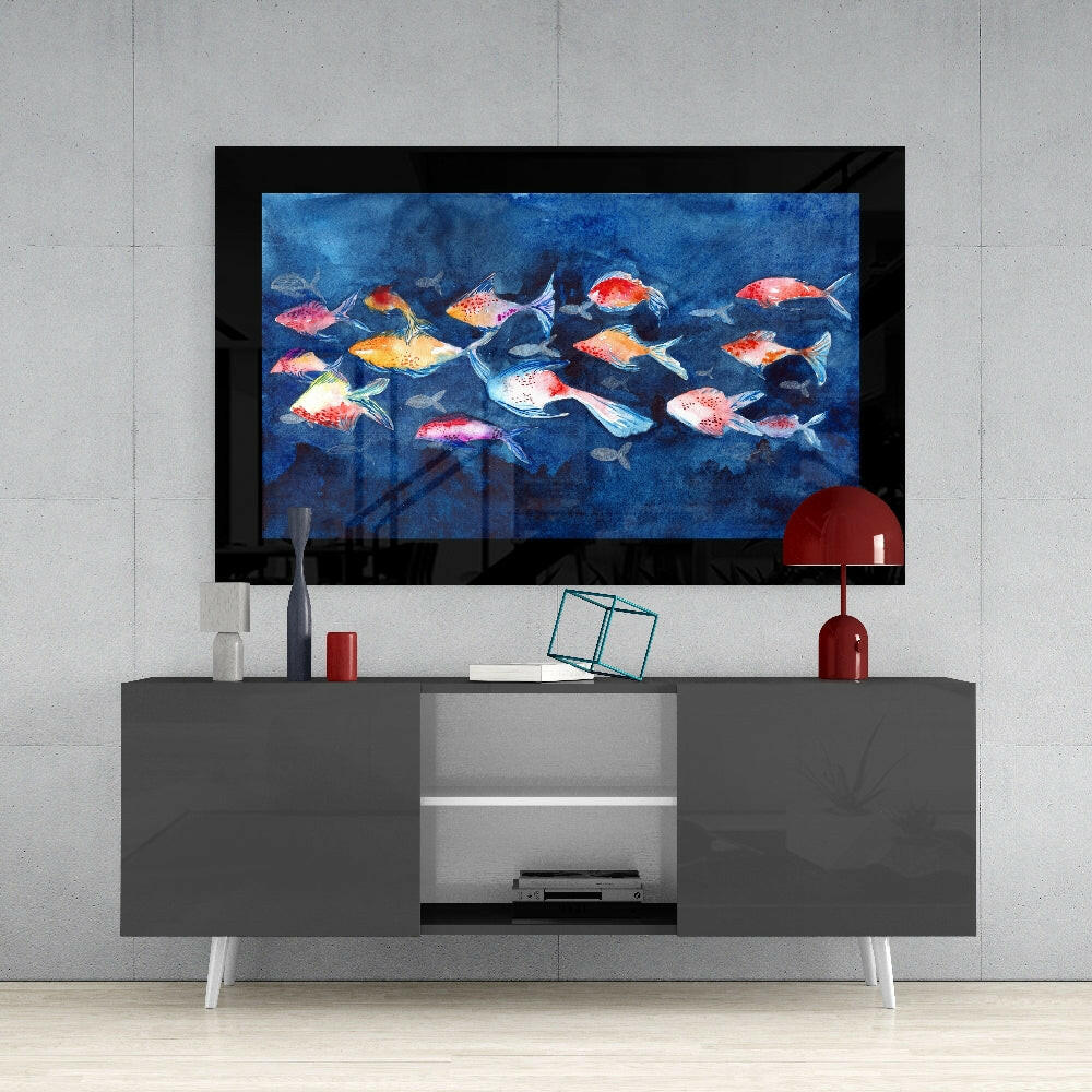 Colorful Fishes glass wall art styled above a console in a child's room