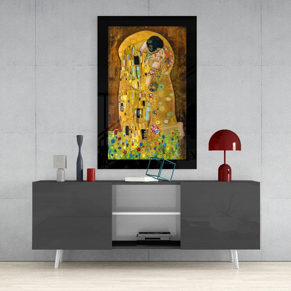 Gustav Klimt 'The Kiss' glass wall art styled above a sideboard in a dining room