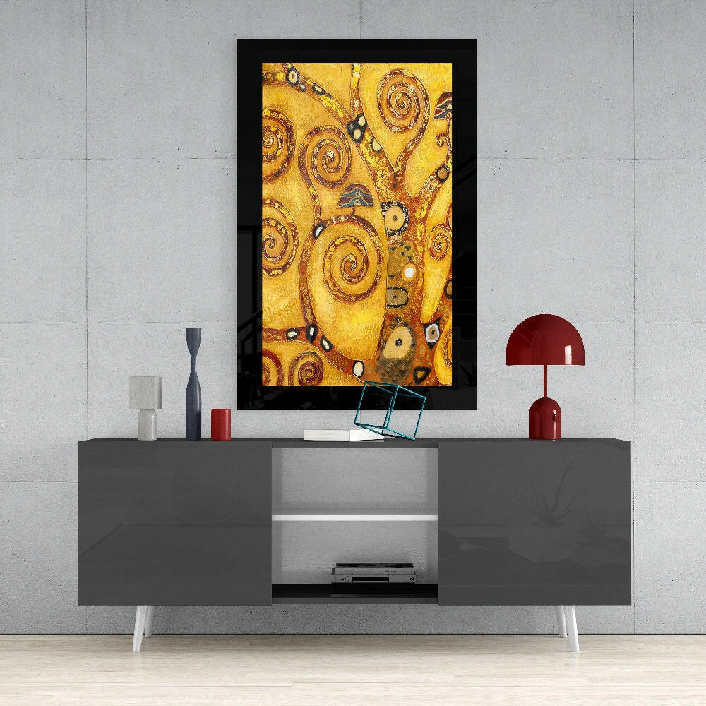 Tree of Life glass wall art styled above a sideboard in a dining room
