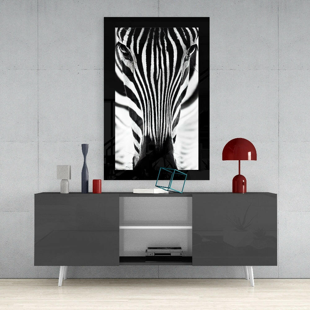 Zebra glass wall art styled above a console in a man cave