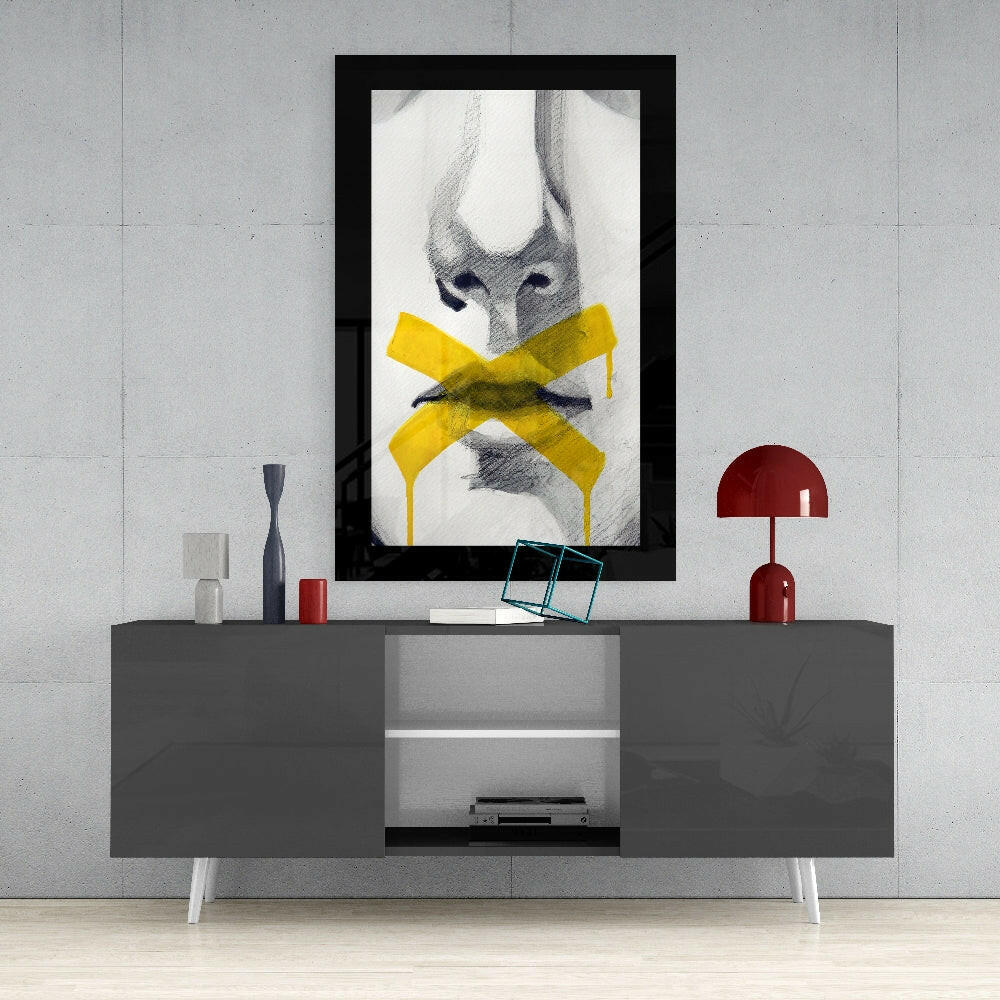 No Talking glass wall art styled above a console in a teen den