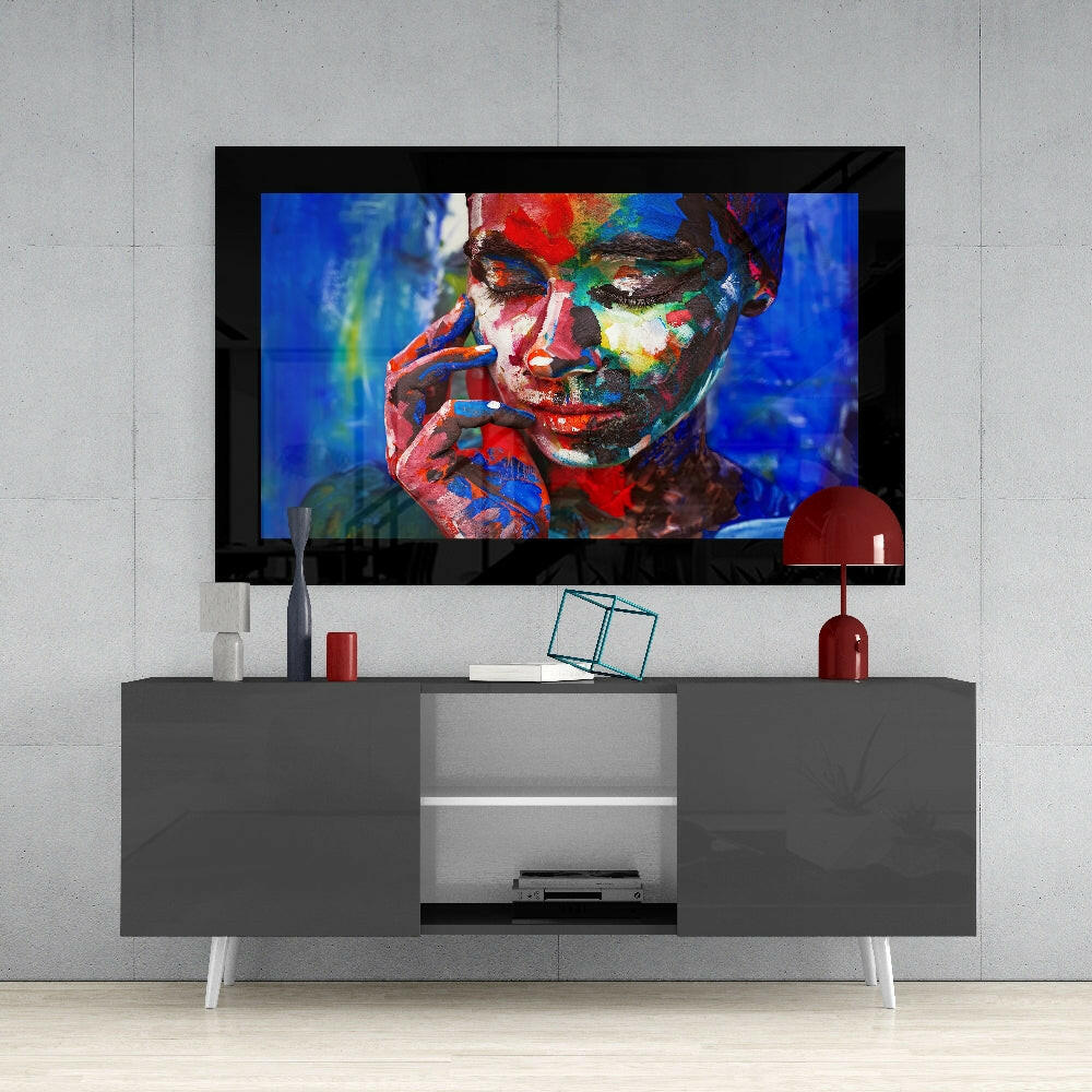 Deep Solitude glass wall art styled above a console in a teen den