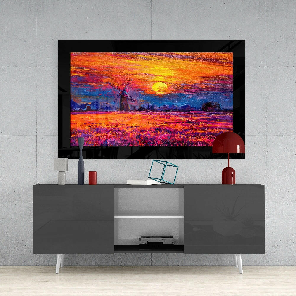 Mill in the Field glass wall art styled above a console in a reading nook