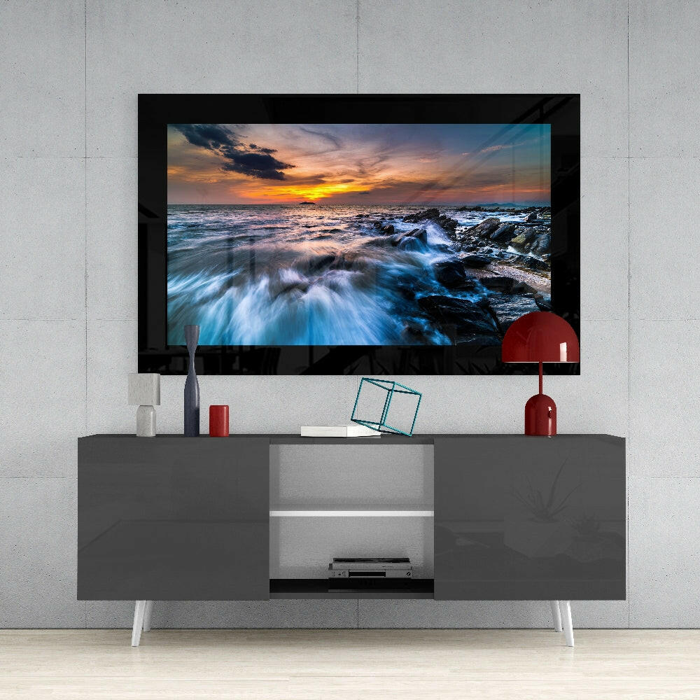 Combatant Sea glass wall art styled above a console in a man cave