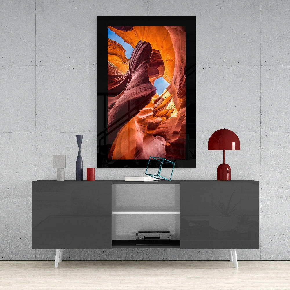 Grand Canyon Rift glass wall art styled above a console in a meditation room