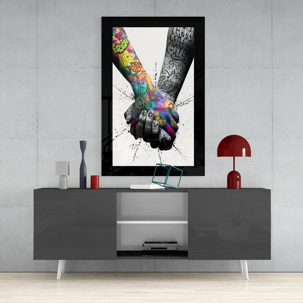 Meeting glass wall art styled above a console in a teen den