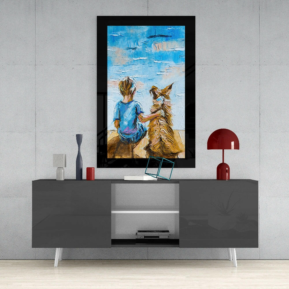 Eternal Friendship glass wall art styled above a sideboard in a reading nook